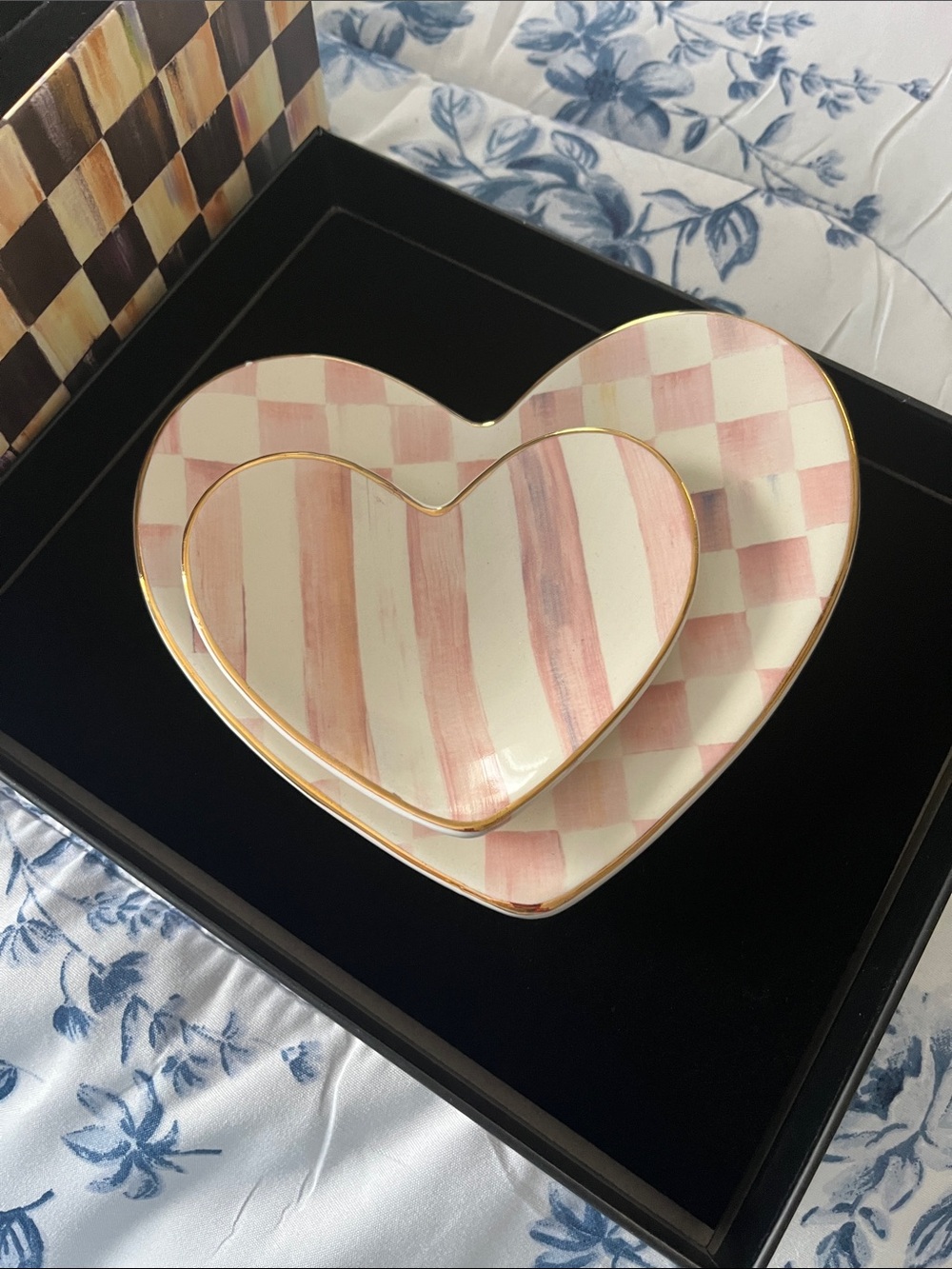 MacKenzie-Childs Pink/rose & White Heart Trinket Dishes with Gold Trim! Set 2!